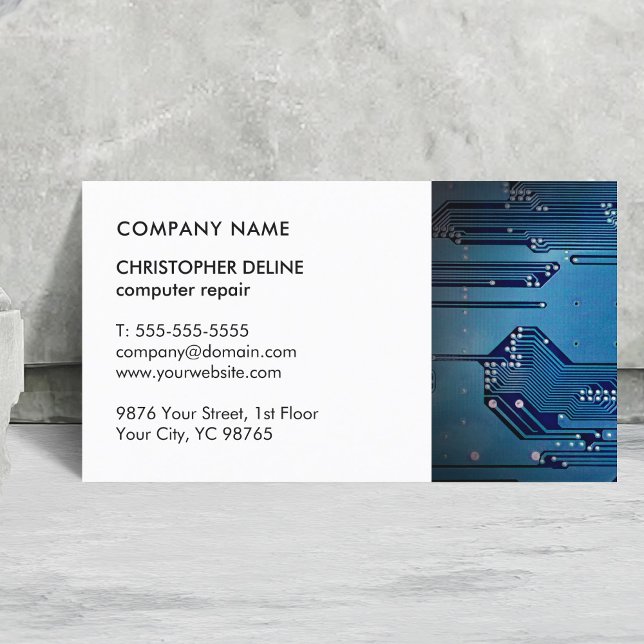 Modern Elegant White Blue Circuit Computer Repair Business Card (Creator Uploaded)