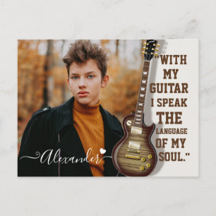 Modern Elegant White Electric Guitar Photo & Name Postcard