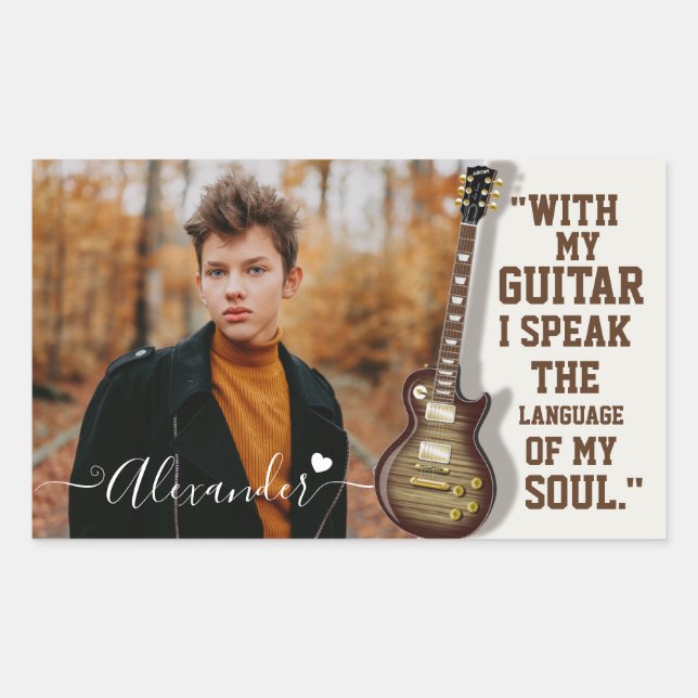 Modern Elegant White Electric Guitar Photo & Name Rectangular Sticker (Front)