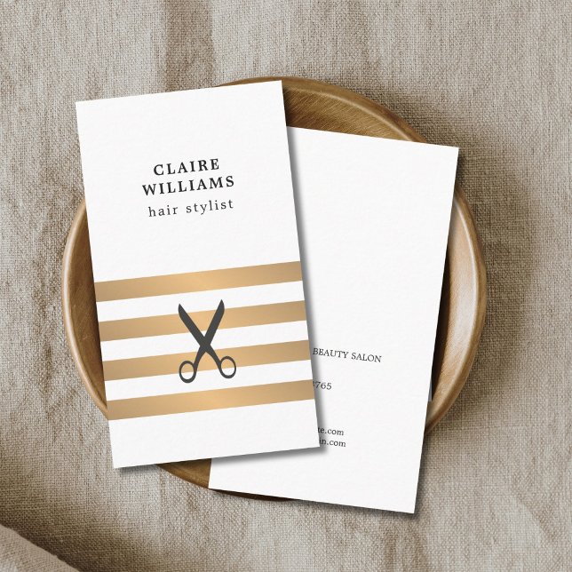 Modern Elegant White Faux Gold Stripes HairStylist Business Card (Creator Uploaded)