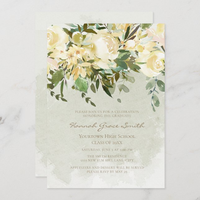 Modern Elegant White Floral Eucalyptus Graduation Invitation (Front/Back)