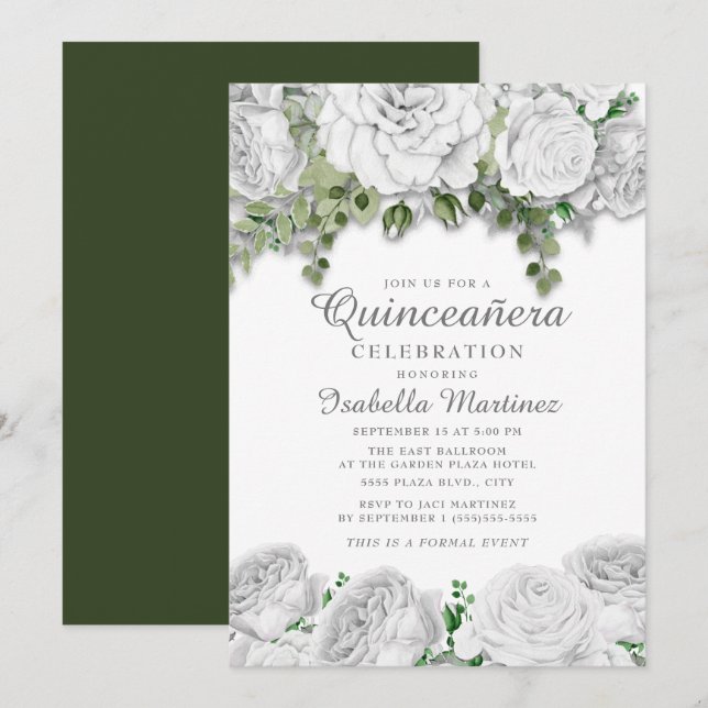 Modern Elegant White Floral Green Quinceañera Invitation (Front/Back)