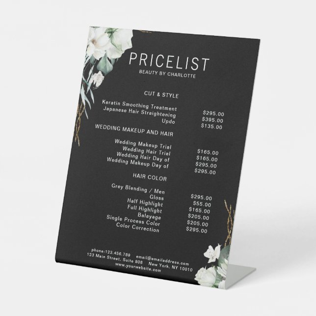 Modern,  elegant white flowers , price list pedestal sign (Front)