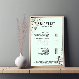 Modern,  elegant white flowers , price list poster