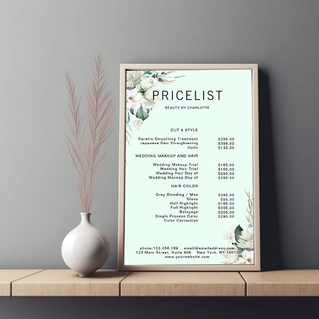 Modern,  elegant white flowers , price list poster (Creator Uploaded)