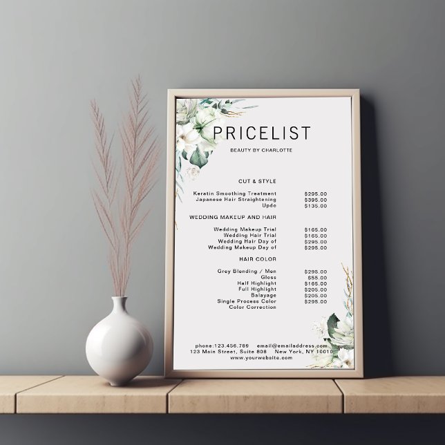 Modern,  elegant white flowers , price list poster (Creator Uploaded)