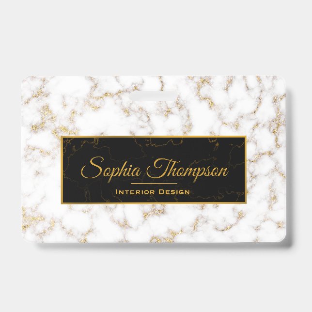Modern Elegant White Gold Marble Monogram - Badge ID Badge (Front)