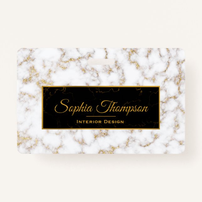 Modern Elegant White Gold Marble Monogram - Badge ID Badge (Front)