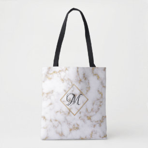 Modern Elegant White Gold Marble Monogram Tote Bag