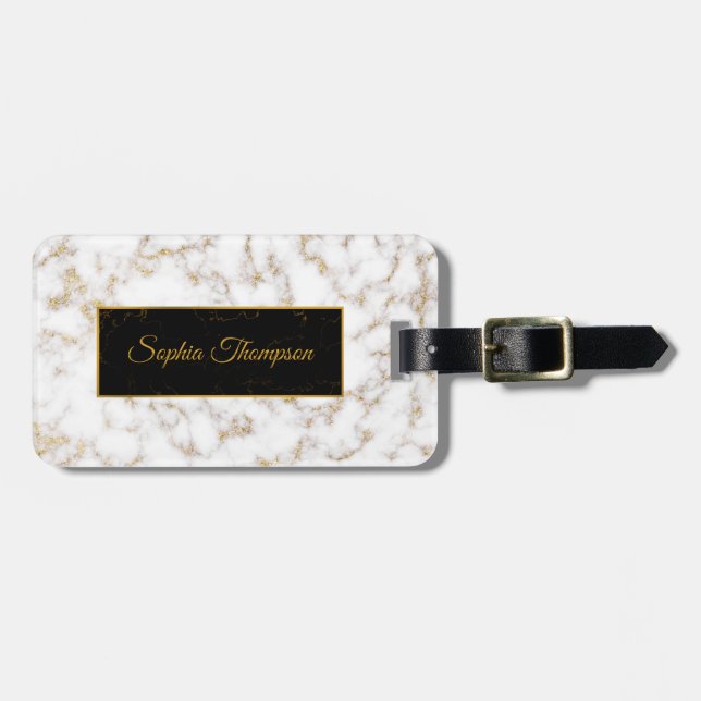 Modern Elegant White Gold Marble Name Luggage Tag (Front Horizontal)