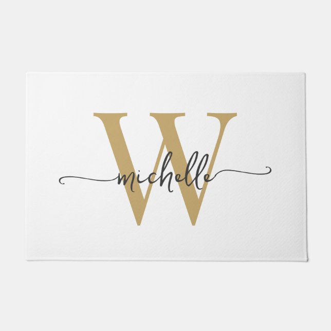 Modern Elegant White Gold Monogram Name Script Doormat (Front)