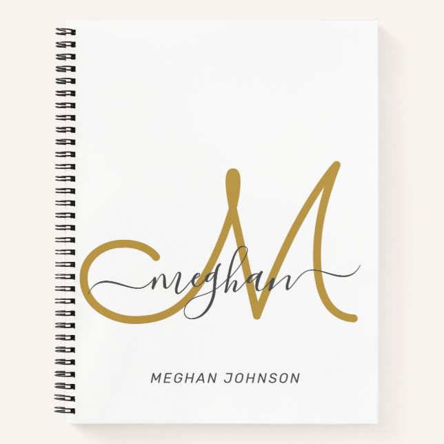 Modern Elegant White Gold Script Monogrammed Notebook (Front)