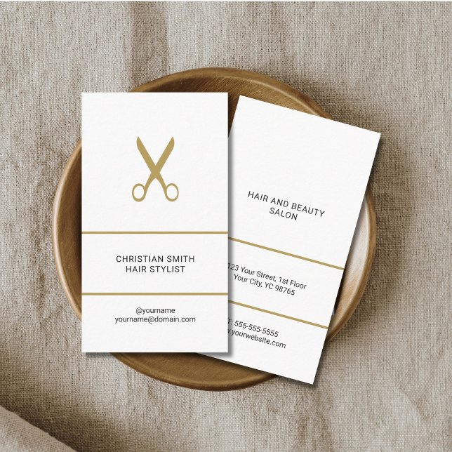 Modern Elegant White Golden Scissors Hair Stylist Business Card (Creator Uploaded)