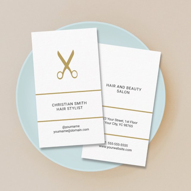 Modern Elegant White Golden Scissors Hair Stylist Business Card (Creator Uploaded)