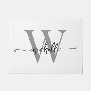 Modern Elegant White Grey Monogram Name Script Doormat
