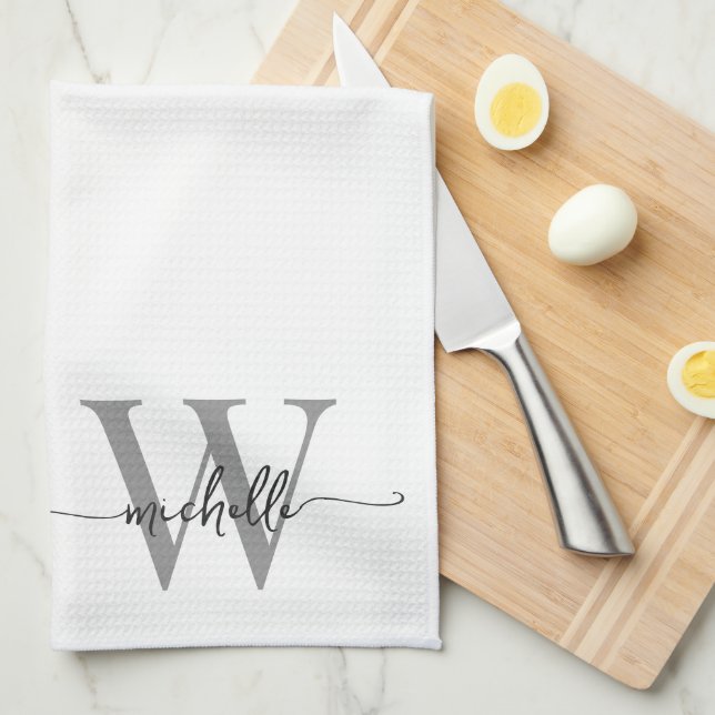Modern Elegant White Grey Monogram Name Script Tea Towel (Quarter Fold)