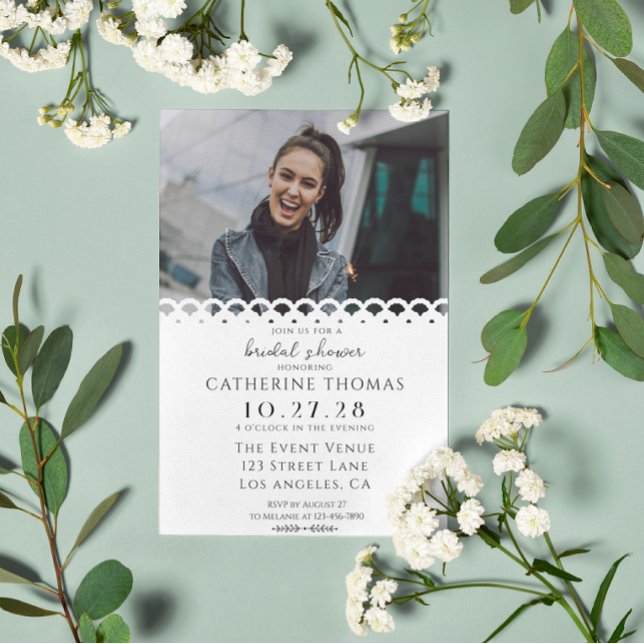 Modern Elegant White Lace Photo Bridal Shower Invitation (Creator Uploaded)