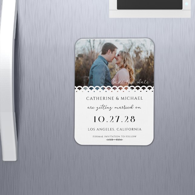 Modern Elegant White Lace Photo  Save The Date Magnet (Creator Uploaded)