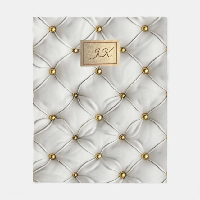 Modern Elegant White Leather Tufted Gold Fleece Blanket (Front)