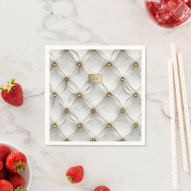 Modern Elegant White Leather Tufted Gold Napkin (Insitu)