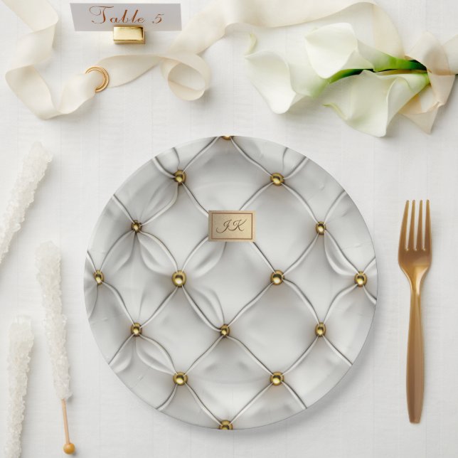 Modern Elegant White Leather Tufted Gold Paper Plate (Wedding)