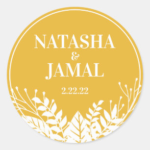 Modern Elegant White Leaves, Mustard Yellow Gold Classic Round Sticker