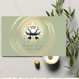 Modern Elegant White Lotus Gold Circles Green Business Card