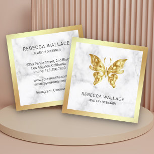 Modern Elegant White Marble Gold Foil Butterfly Square Business Card