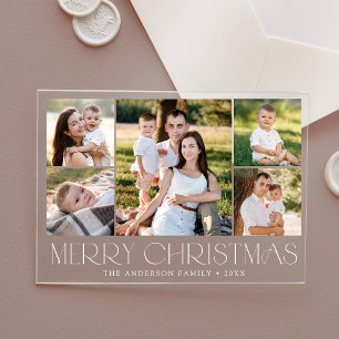 Modern Elegant White Merry Christmas Photo Collage Acrylic Invitations