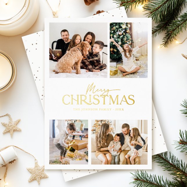 Modern Elegant White Merry Christmas Photo Gold (Elegant modern white & gold foil lettering 'Merry Christmas' family photo holiday card  )