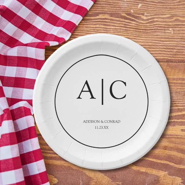 Modern Elegant White Monogram Wedding Round Paper Plate (Creator Uploaded)