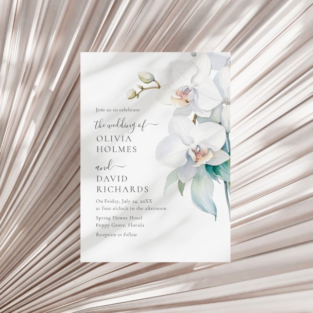 Modern Elegant White Orchid Wedding Invite (Modern Elegant White Orchid Wedding Invite on a white dry palm leaf.)
