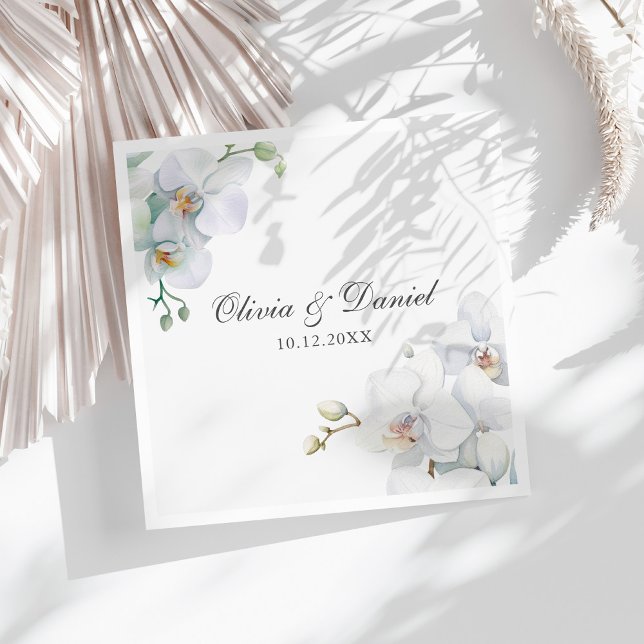 Modern Elegant White Orchid Wedding Napkin (Modern Elegant White Orchid Wedding Paper Dinner Napkins on a sunny white table.)
