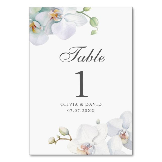 Modern Elegant White Orchid Wedding Table Number  (Front)