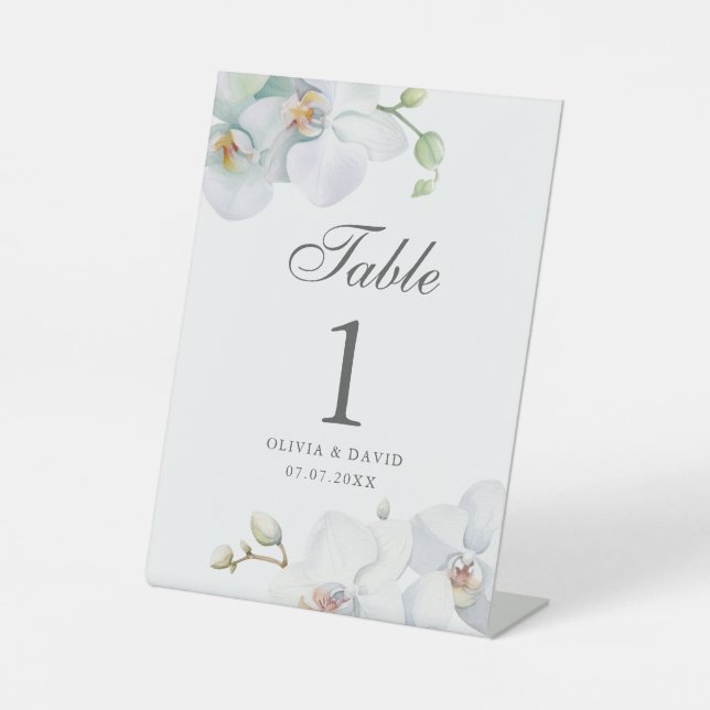 Modern Elegant White Orchid Wedding Table Number  Pedestal Sign (Front)