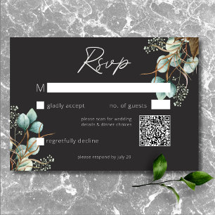 Modern Elegant White Peonies Black Wedding QR Code RSVP Card