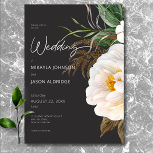 Modern Elegant White Peonies on Black Wedding Invitation