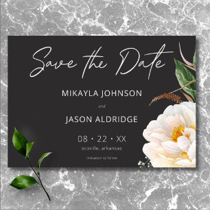 Modern Elegant White Peonies on Black Wedding Save The Date
