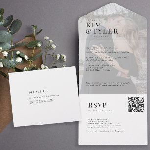 Modern elegant white photo QR RSVP wedding All In One Invitation