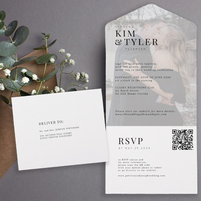 Modern elegant white photo QR RSVP wedding All In One Invitation (Creator Uploaded)