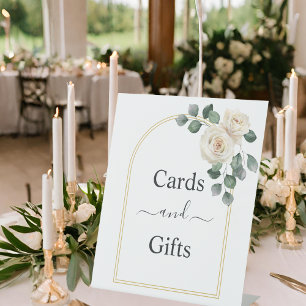 Modern Elegant White Rose Golden Arch Cards & Gift Pedestal Sign