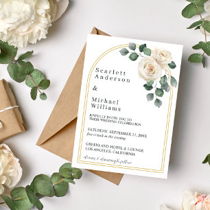 Modern Elegant White Rose & Golden Arch Wedding Invitation