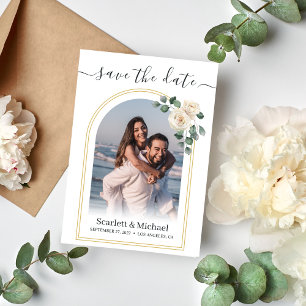 Modern Elegant White Rose & Golden Arch Wedding Save The Date