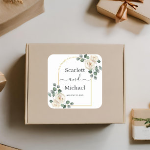 Modern Elegant White Rose & Golden Arch Wedding Square Sticker