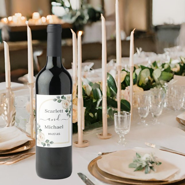 Modern Elegant White Rose & Golden Arch Wedding Wine Label (Creator Uploaded)