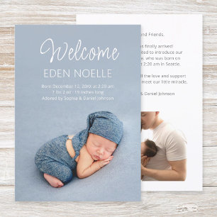 Modern Elegant White Script 2 Photo Newborn Birth Announcement