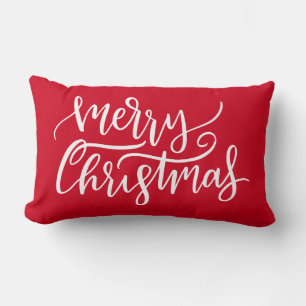 Modern Elegant White Script Merry Christmas Red Lumbar Cushion