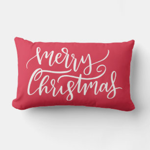 Modern Elegant White Script Merry Christmas Red  Lumbar Cushion