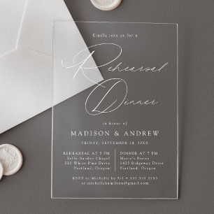 Modern Elegant White Script Rehearsal Dinner Acrylic Invitations