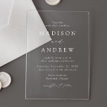 Modern Elegant White Script Wedding Acrylic Invitations<br><div class="desc">Discover the perfect balance of simplicity and sophistication with our Modern Elegance wedding invitations. Featuring your wedding details in white lettering with elegant calligraphy script accents, these invitations offer your choice of a frosted or transparent acrylic background. Ideal for couples seeking a sleek, minimalist design, these modern wedding invitations exude...</div>